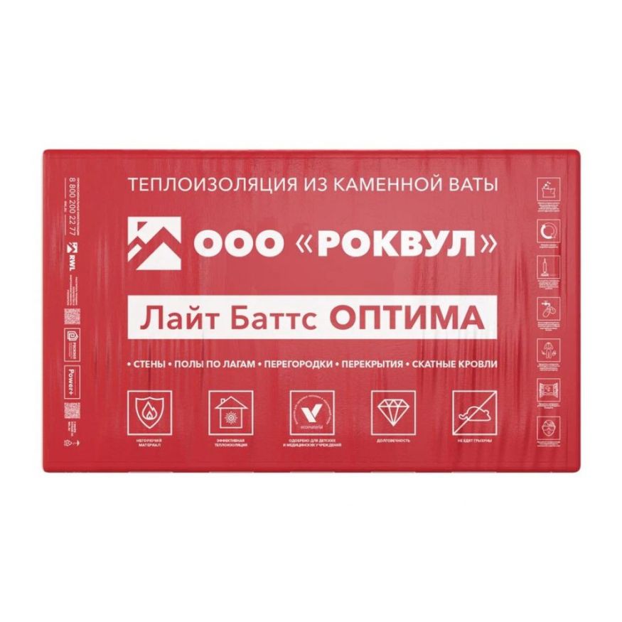Утеплитель Роквул Лайт Баттс Оптима 50мм, 10 плит, 6м2, 600х1000мм, 0.3м3 Rockwool купить в Славянске-на-Кубани